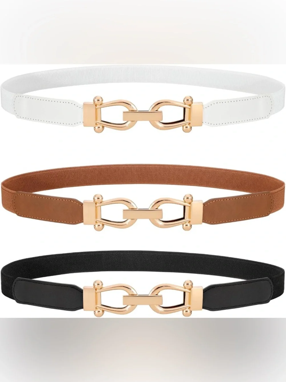 Gold-Link Elastic Waist Belt in White, Brown, and Black